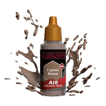 The Army Painter Air Cypress Brown bottle with paint splashes illustrating smooth airbrush paint consistency.