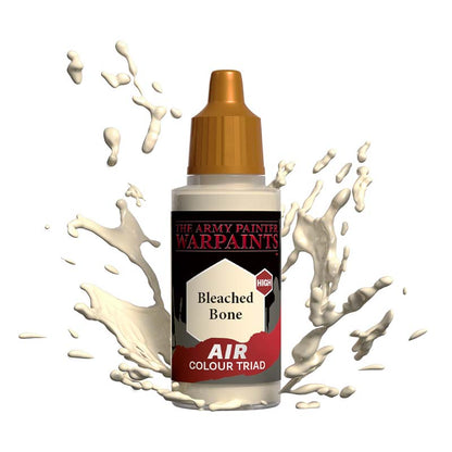 The Army Painter Air Bleached Bone airbrush paint bottle with beige paint splashes on white background.