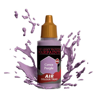 The Army Painter Air Coven Purple paint bottle with purple paint splashes for miniature painting and modeling.
