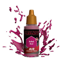 The Army Painter Air Rebel Red paint bottle with vibrant red splashes illustrating high-quality air color triad paint.