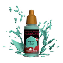 The Army Painter Air Psychic Shock bottle with teal paint splashes, designed for miniature airbrush painting.
