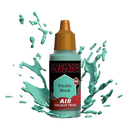 The Army Painter Air Psychic Shock bottle with teal paint splashes, designed for miniature airbrush painting.