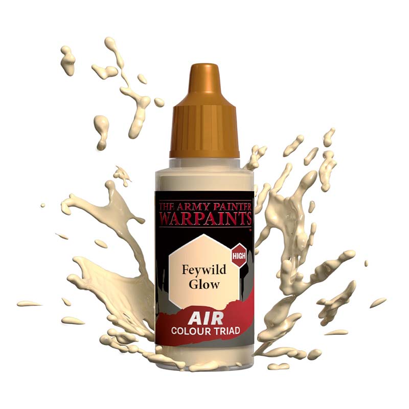 The Army Painter Air Feywild Glow bottle with beige paint splashes showcasing air paint for miniature models.