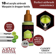 The Army Painter Air Canopy Green 18ml acrylic airbrush paint with mixing balls for perfect consistency.