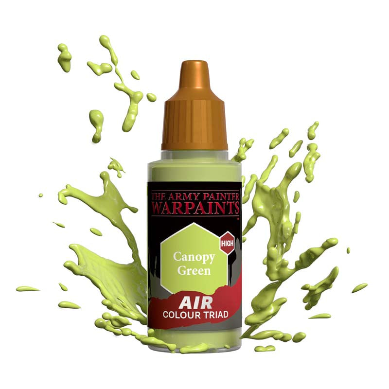 The Army Painter Air Canopy Green bottle with green paint splashes illustrating airbrush paint for miniatures and models.