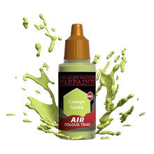 The Army Painter Air Canopy Green bottle with green paint splashes illustrating airbrush paint for miniatures and models.