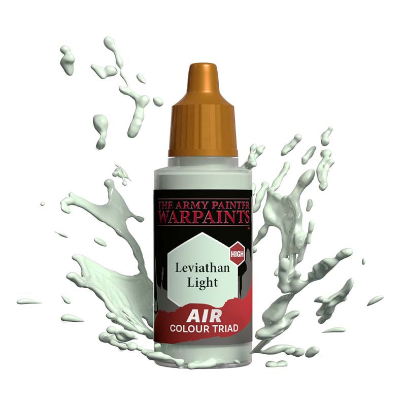 The Army Painter Air Leviathan Light paint bottle with white paint splashes highlighting airbrush model paint.