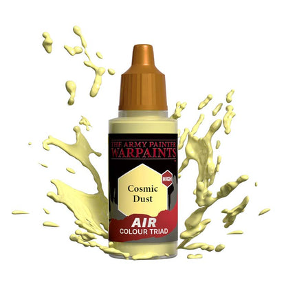 The Army Painter Air Cosmic Dust bottle with yellow paint splash, premium airbrush paint for miniatures and models.