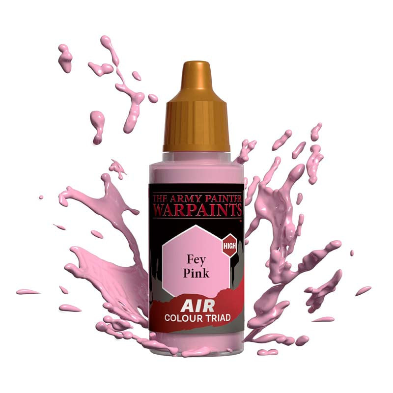 The Army Painter Air Fey Pink bottle with pink paint splashes showcasing vibrant airbrush paint for miniatures.