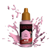 The Army Painter Air Fey Pink bottle with pink paint splashes showcasing vibrant airbrush paint for miniatures.