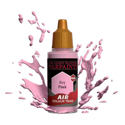 The Army Painter Air Fey Pink bottle with pink paint splashes showcasing vibrant airbrush paint for miniatures.