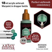 The Army Painter Air Potion Green acrylic airbrush warpaint in 18ml dropper bottle with mixing balls inside.