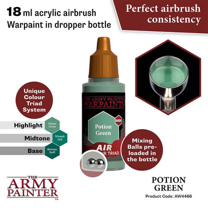 The Army Painter Air Potion Green acrylic airbrush warpaint in 18ml dropper bottle with mixing balls inside.
