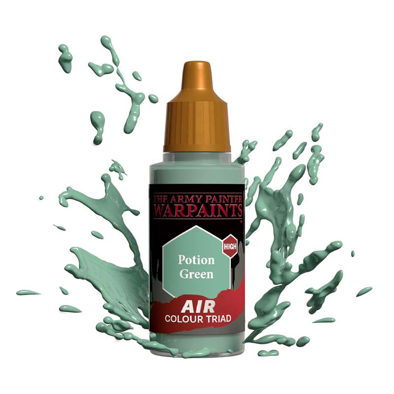 The Army Painter Air Potion Green bottle with vibrant green paint splashes highlighting the air paint for miniatures.
