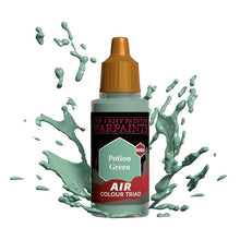 The Army Painter Air Potion Green bottle with vibrant green paint splashes highlighting the air paint for miniatures.