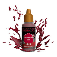The Army Painter Air Encarmine Red airbrush-ready paint bottle with vibrant red paint splashes around it