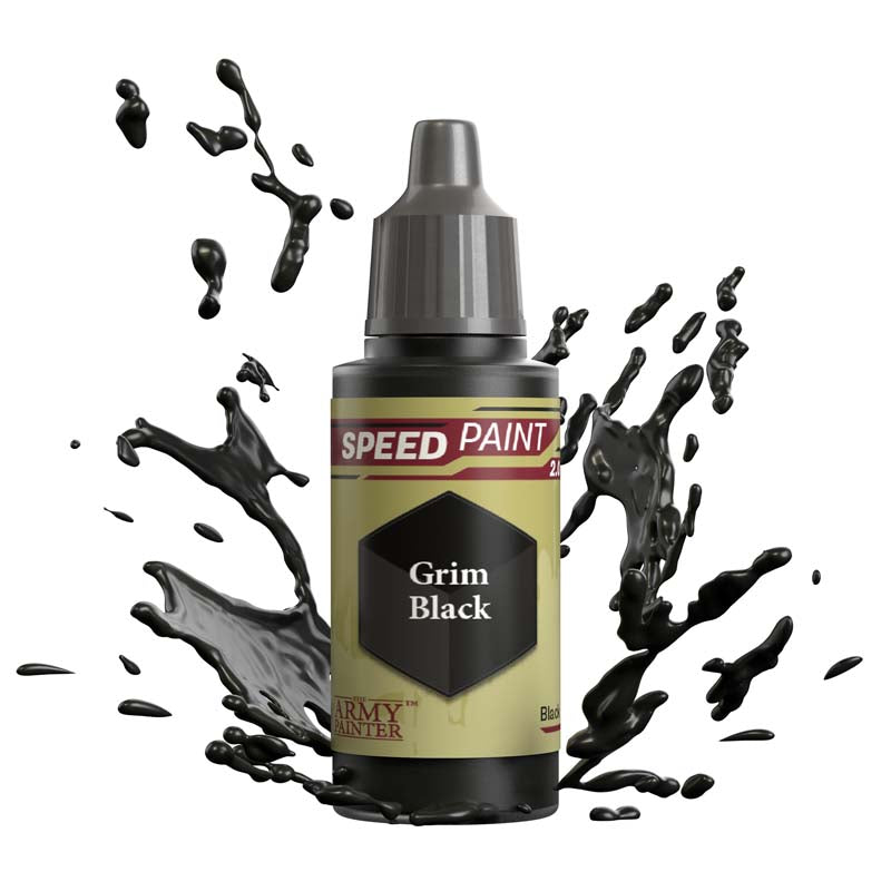 The Army Painter Speedpaint Grim Black bottle with dynamic black paint splashes illustrating rich one-coat coverage and shading.