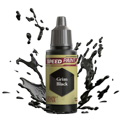 The Army Painter Speedpaint Grim Black bottle with dynamic black paint splashes illustrating rich one-coat coverage and shading.