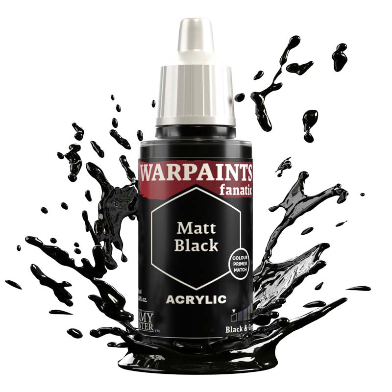 The Army Painter Warpaint Fanatic Matt Black acrylic paint bottle with dynamic black paint splash background