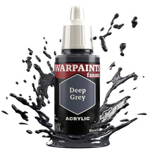 The Army Painter Warpaint Fanatic Deep Grey acrylic paint bottle with dark grey paint splash background.