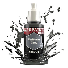The Army Painter Warpaint Fanatic Uniform Grey acrylic paint bottle with deep grey paint splashing dynamic background