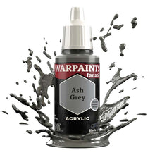 The Army Painter Warpaint Fanatic Ash Grey acrylic paint bottle with splashing neutral grey color matching Colour Primer.