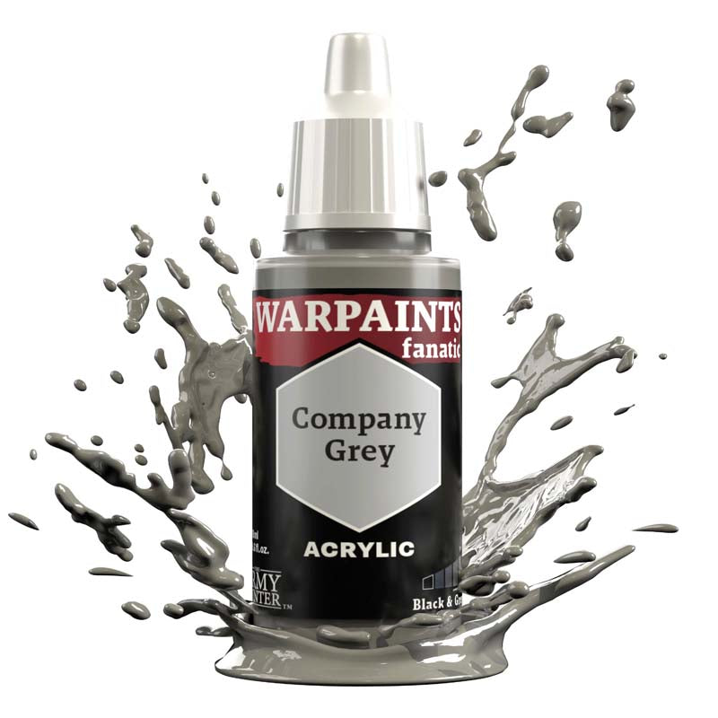 The Army Painter Warpaint Fanatic Company Grey acrylic paint bottle with grey paint splash highlight.