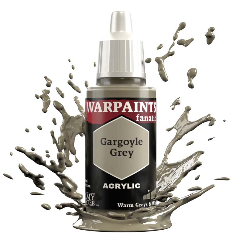 The Army Painter Warpaint Fanatic Gargoyle Grey acrylic paint bottle with splashing olive grey paint around it