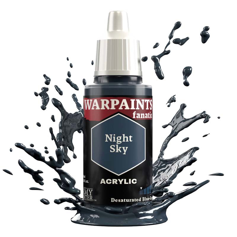The Army Painter Warpaint Fanatic Night Sky bottle with black bluish grey acrylic paint splashing around it