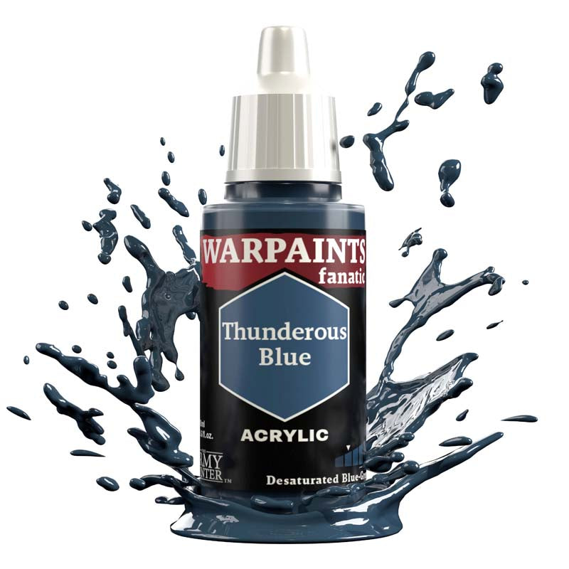 The Army Painter Warpaint Fanatic Thunderous Blue acrylic paint bottle with dark bluish grey paint splash emphasizing desaturated blue tones.