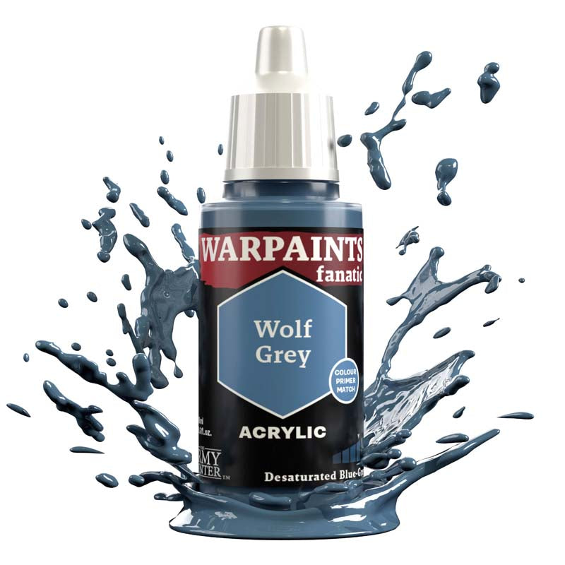 The Army Painter Warpaint Fanatic Wolf Grey acrylic paint bottle with blue-grey paint splash background
