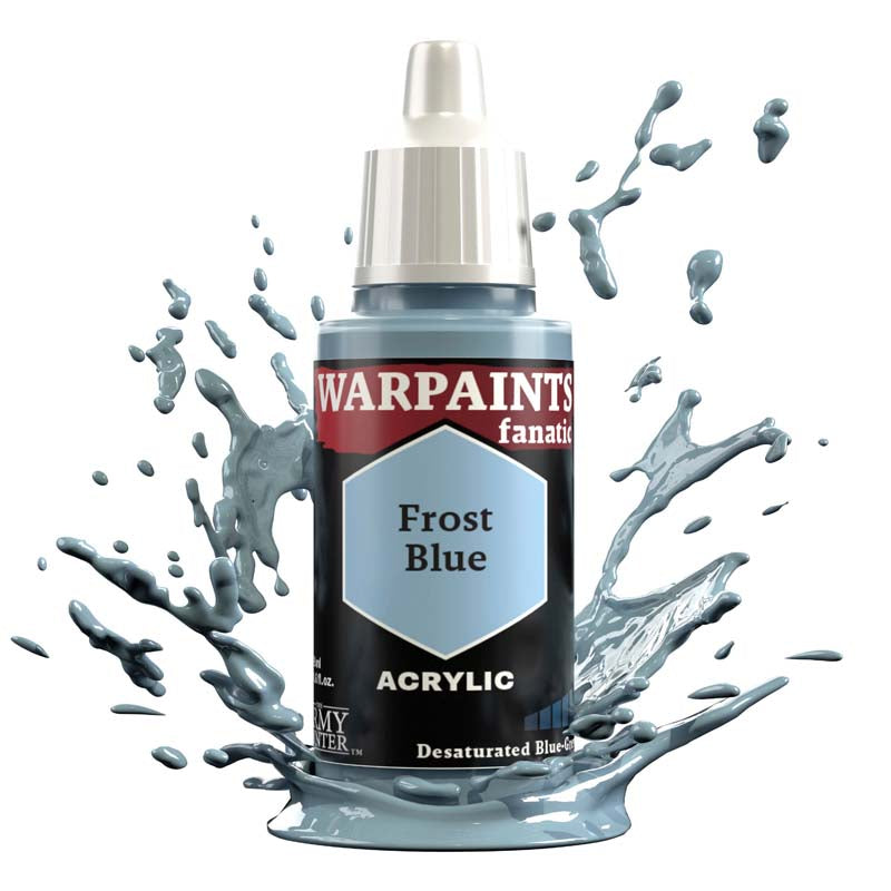 The Army Painter Warpaint Fanatic Frost Blue acrylic paint bottle with light pale bluish-grey color splash background.