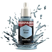 The Army Painter Warpaint Fanatic Frost Blue acrylic paint bottle with light pale bluish-grey color splash background.