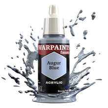 The Army Painter Warpaint Fanatic Augur Blue acrylic paint bottle with light purplish blue splash background.
