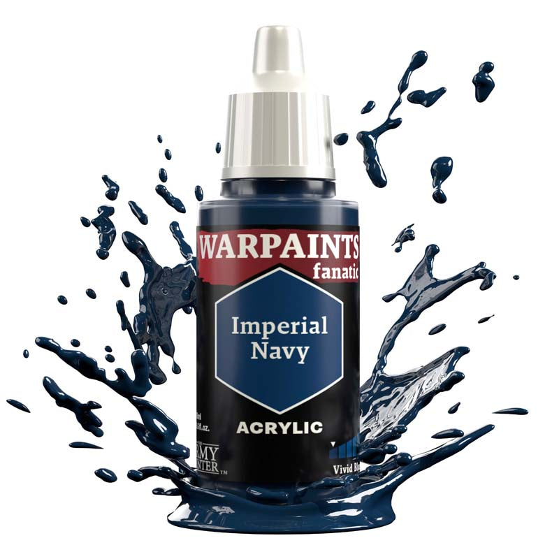 The Army Painter Warpaint Fanatic Imperial Navy acrylic paint bottle with vivid deep blue splash background