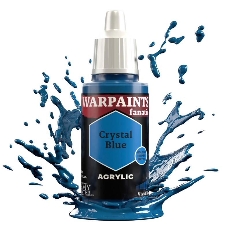 The Army Painter Warpaint Fanatic Crystal Blue acrylic paint bottle with vivid blue paint splash background.