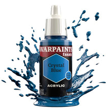 The Army Painter Warpaint Fanatic Crystal Blue acrylic paint bottle with vivid blue paint splash background.
