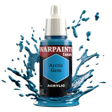 The Army Painter Warpaint Fanatic Arctic Gem acrylic paint bottle with vibrant blue paint splash background