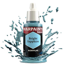 The Army Painter Warpaint Fanatic Bright Sapphire acrylic paint bottle with vibrant light blue splash around it