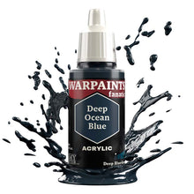 The Army Painter Warpaint Fanatic Deep Ocean Blue acrylic paint bottle with dark greenish blue splash background