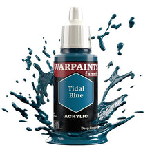 The Army Painter Warpaint Fanatic Tidal Blue acrylic paint bottle with dark greenish blue splash background.