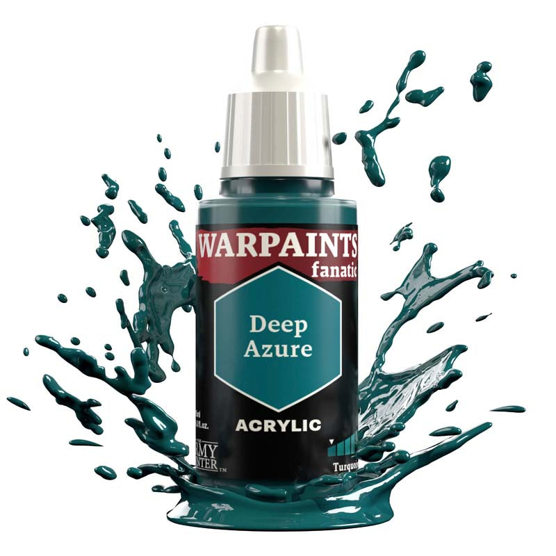 The Army Painter Warpaint Fanatic Deep Azure acrylic paint bottle with vibrant deep greenish blue splashes.