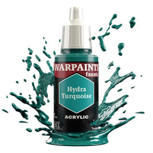 The Army Painter Warpaint Fanatic Hydra Turquoise bottle with acrylic paint splash in strong greenish blue shade.