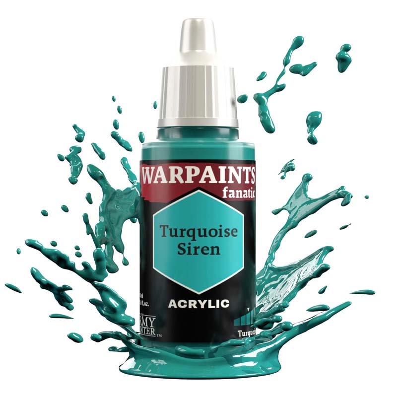 The Army Painter Warpaint Fanatic Turquoise Siren vivid greenish blue acrylic paint with dynamic splash effect.