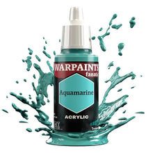 The Army Painter Warpaint Fanatic Aquamarine acrylic paint bottle with vibrant turquoise paint splash background