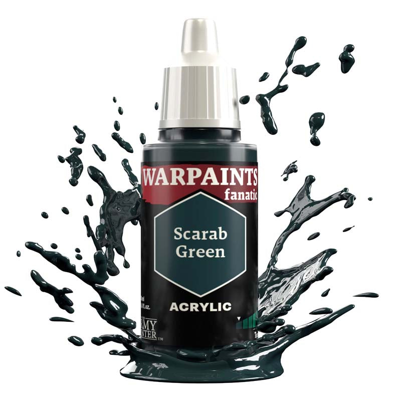 The Army Painter Warpaint Fanatic Scarab Green acrylic paint bottle with dark bluish green splash background
