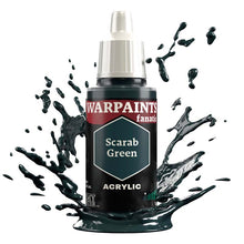 The Army Painter Warpaint Fanatic Scarab Green acrylic paint bottle with dark bluish green splash background
