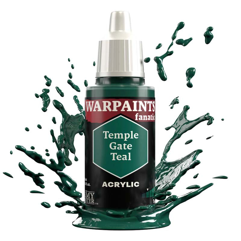 The Army Painter Warpaint Fanatic Temple Gate Teal acrylic paint with deep bluish green shade splash around bottle.