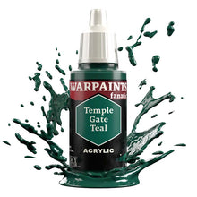 The Army Painter Warpaint Fanatic Temple Gate Teal acrylic paint with deep bluish green shade splash around bottle.
