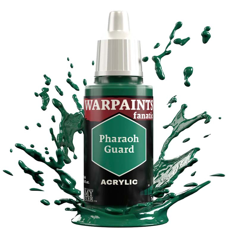 The Army Painter Warpaint Fanatic Pharaoh Guard acrylic paint bottle with blue-green paint splashes around it.